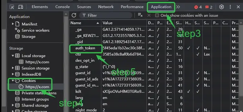 Example of finding cookies in developer tools